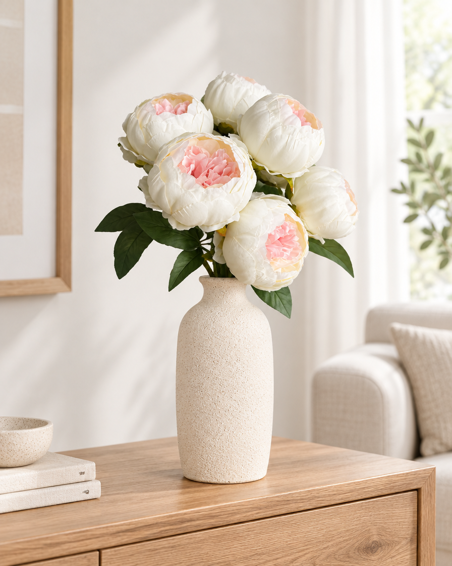 Cream Artificial Peony Bunch styled in a ceramic vase on a console table (vase sold separately)