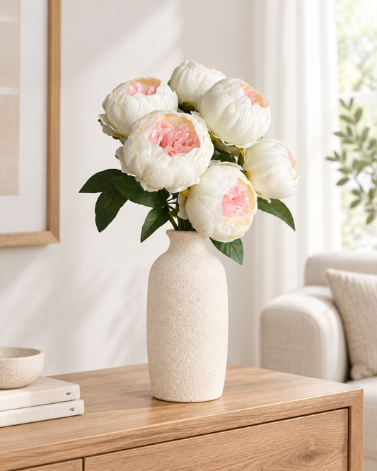 Cream Artificial Peony Bunch styled in a ceramic vase on a console table (vase sold separately)