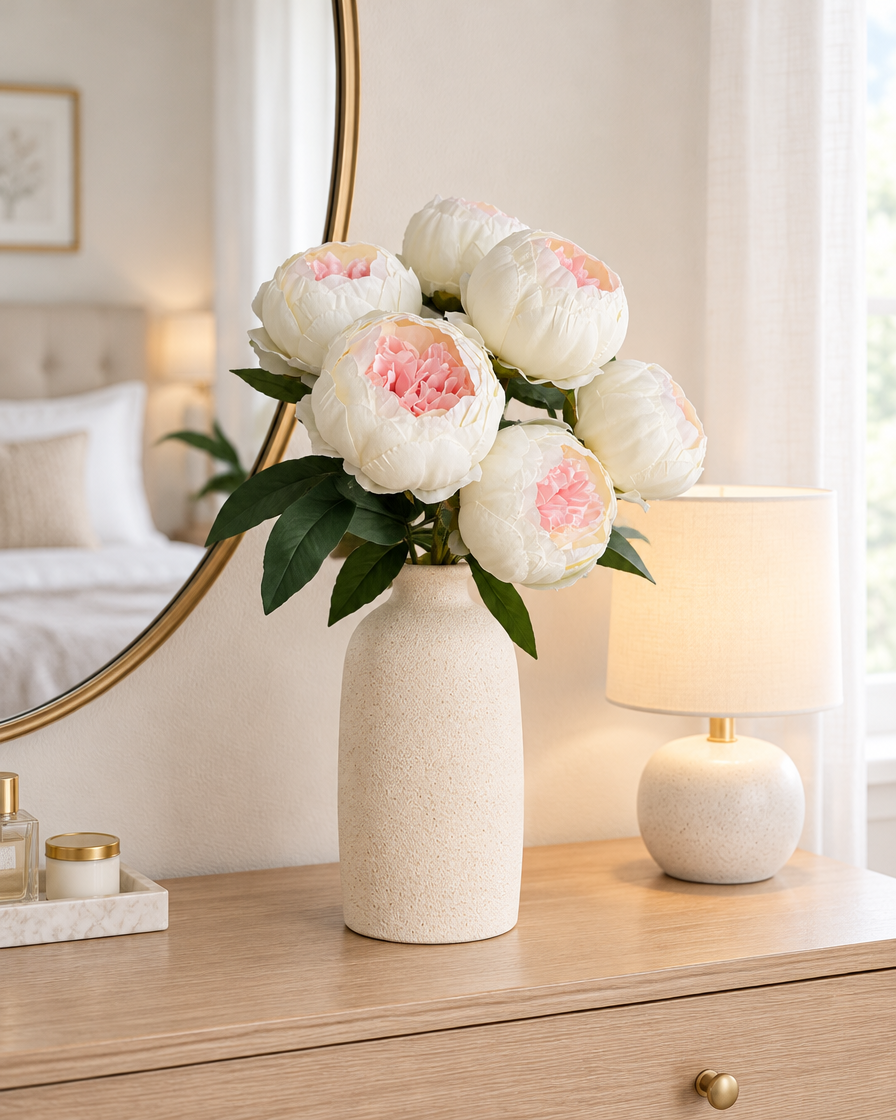 Cream Artificial Peony Bunch styled in a ceramic vase on a dresser (vase sold separately)