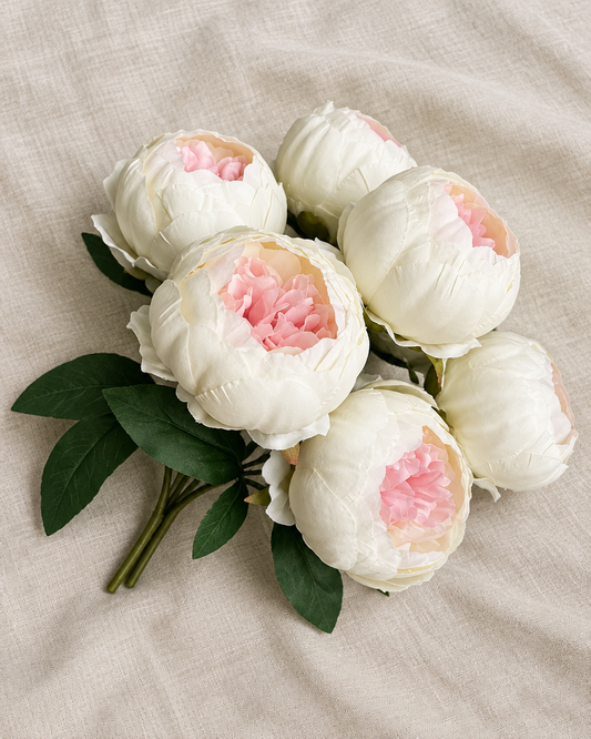 Cream Artificial Peony Bunch, shown alone on a linen background