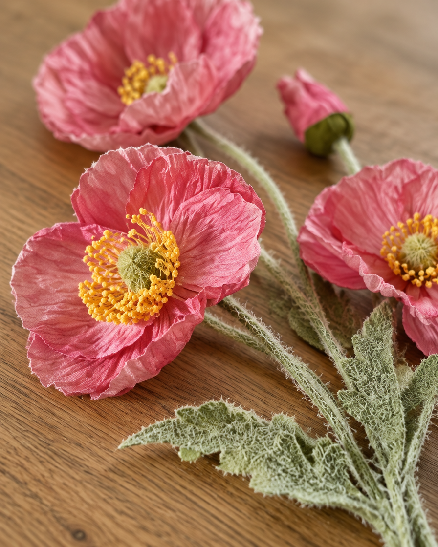 Close-up detail of the pink artificial poppy stem on an oak table