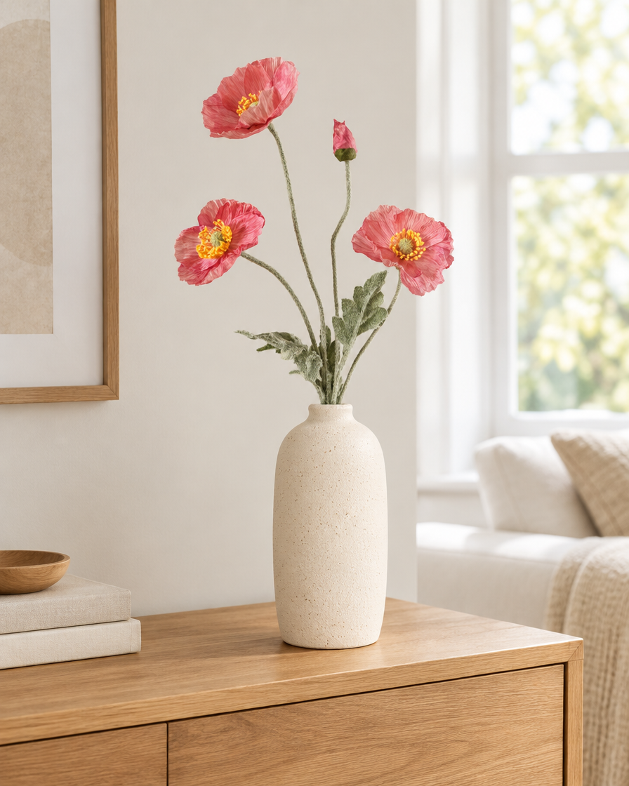 Pink Artificial Poppy Stem styled in a ceramic vase on a console table (vase sold separately)