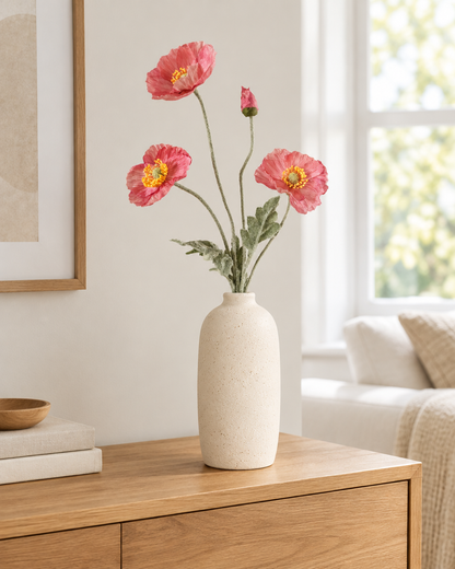 Pink Artificial Poppy Stem styled in a ceramic vase on a console table (vase sold separately)