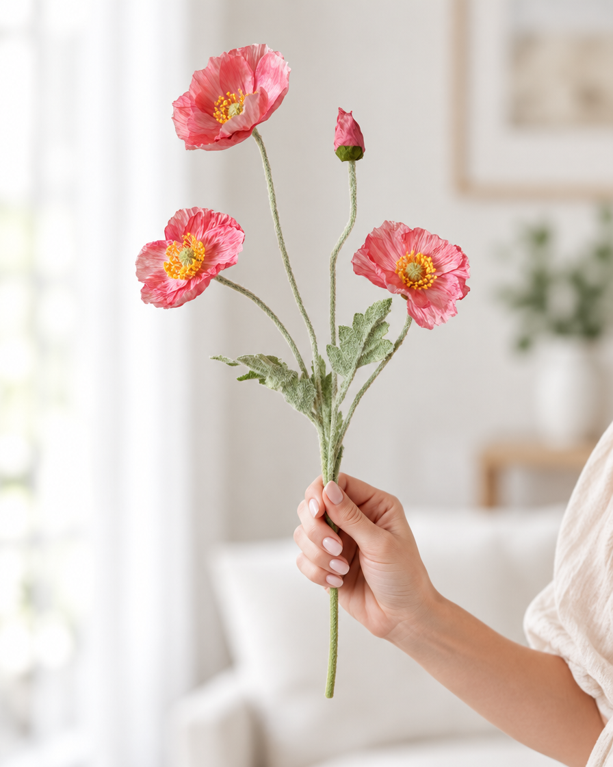 Pink Artificial Poppy Stem held in a hand
