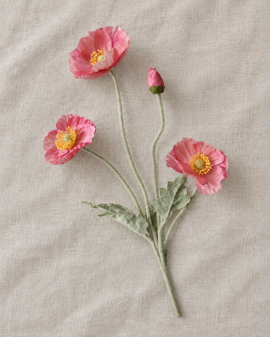 Pink Artificial Poppy Stem, shown alone on a linen background