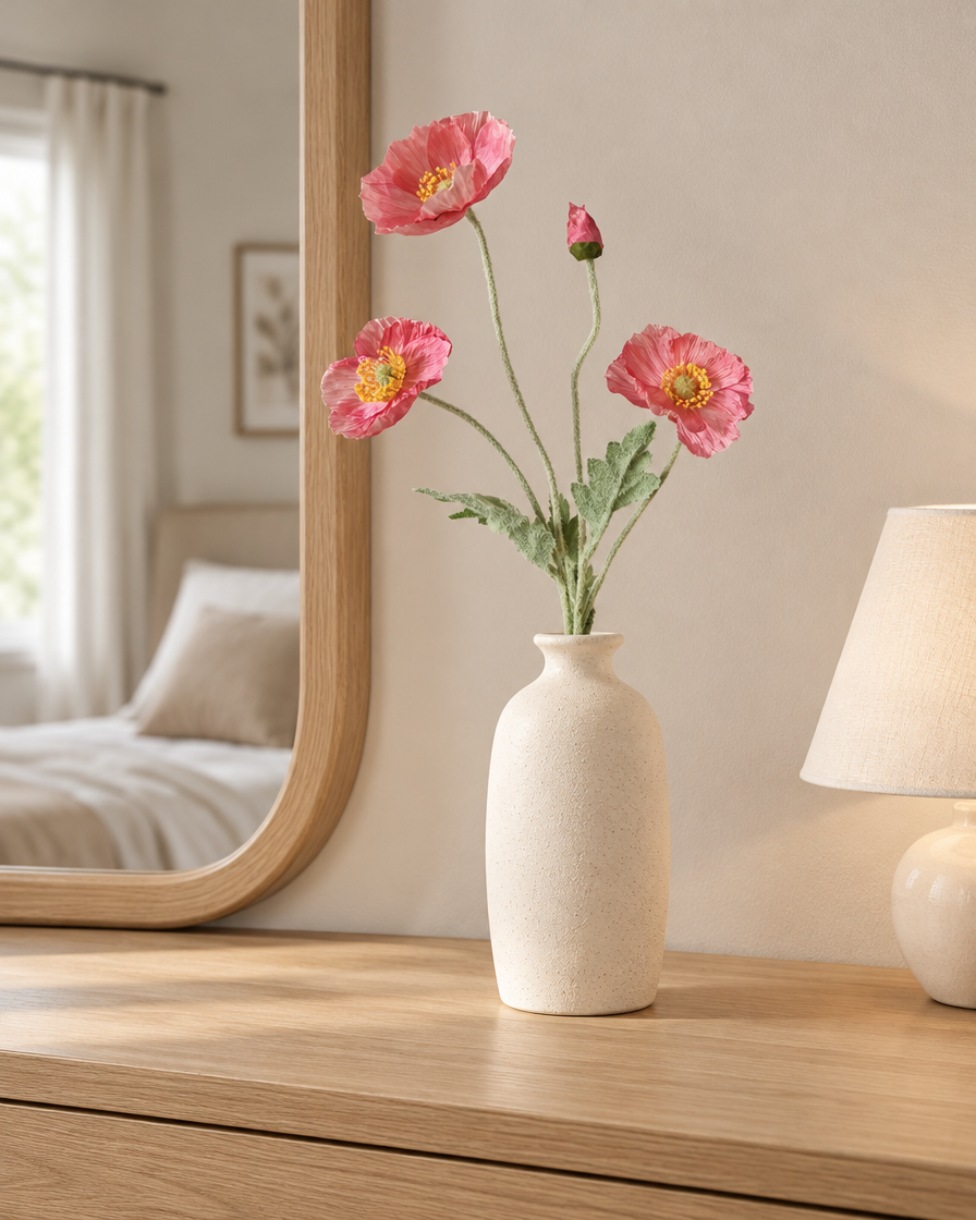 Pink Artificial Poppy Stem styled in a ceramic vase on a dresser (vase sold separately)