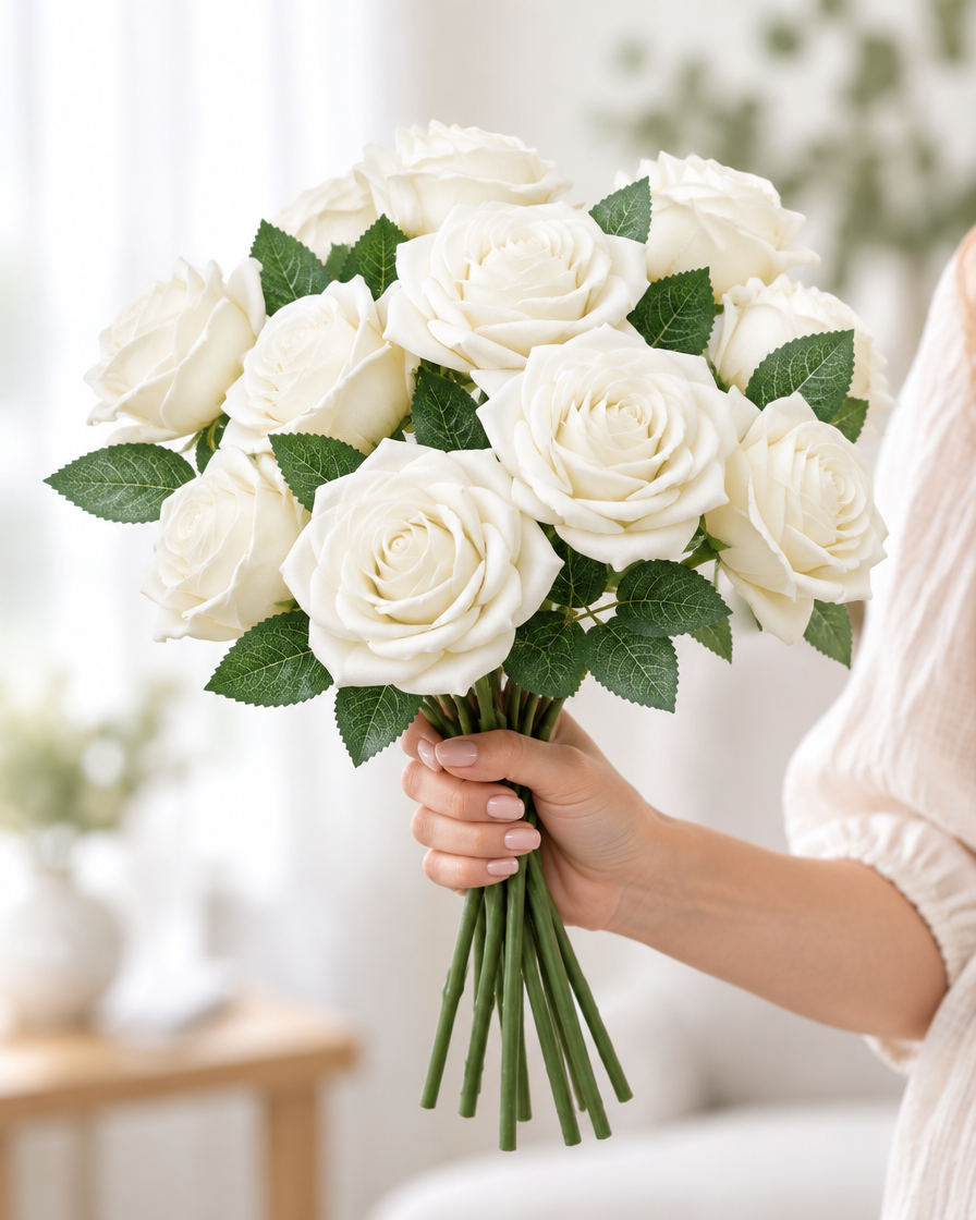 Ivory Artificial Rose Set held in a hand