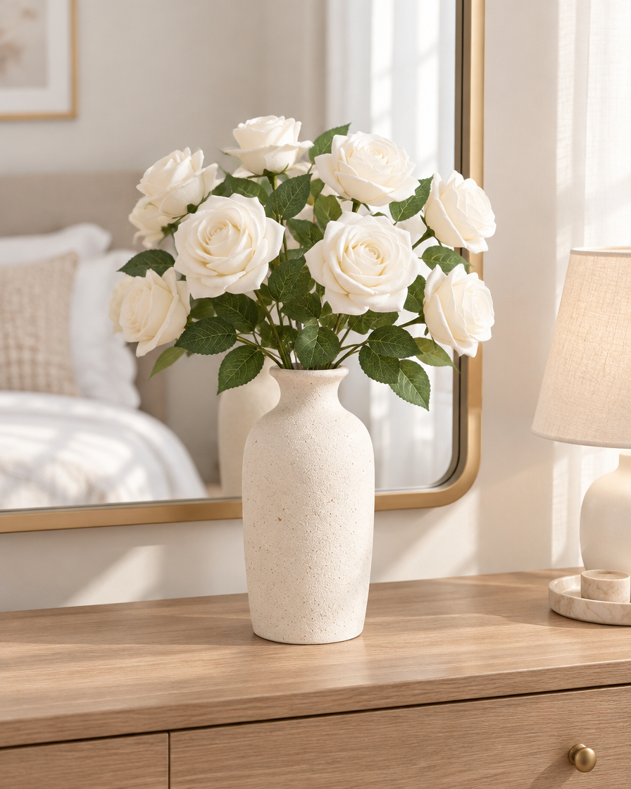 Ivory Artificial Rose Set styled in a ceramic vase on a dresser (vase sold separately)