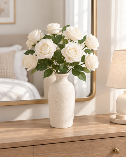 Ivory Artificial Rose Set styled in a ceramic vase on a dresser (vase sold separately)