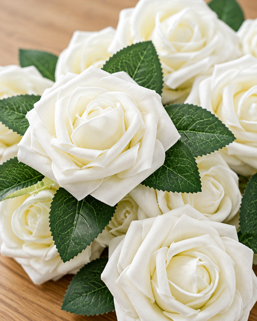 Close-up detail of the ivory artificial rose set on an oak table