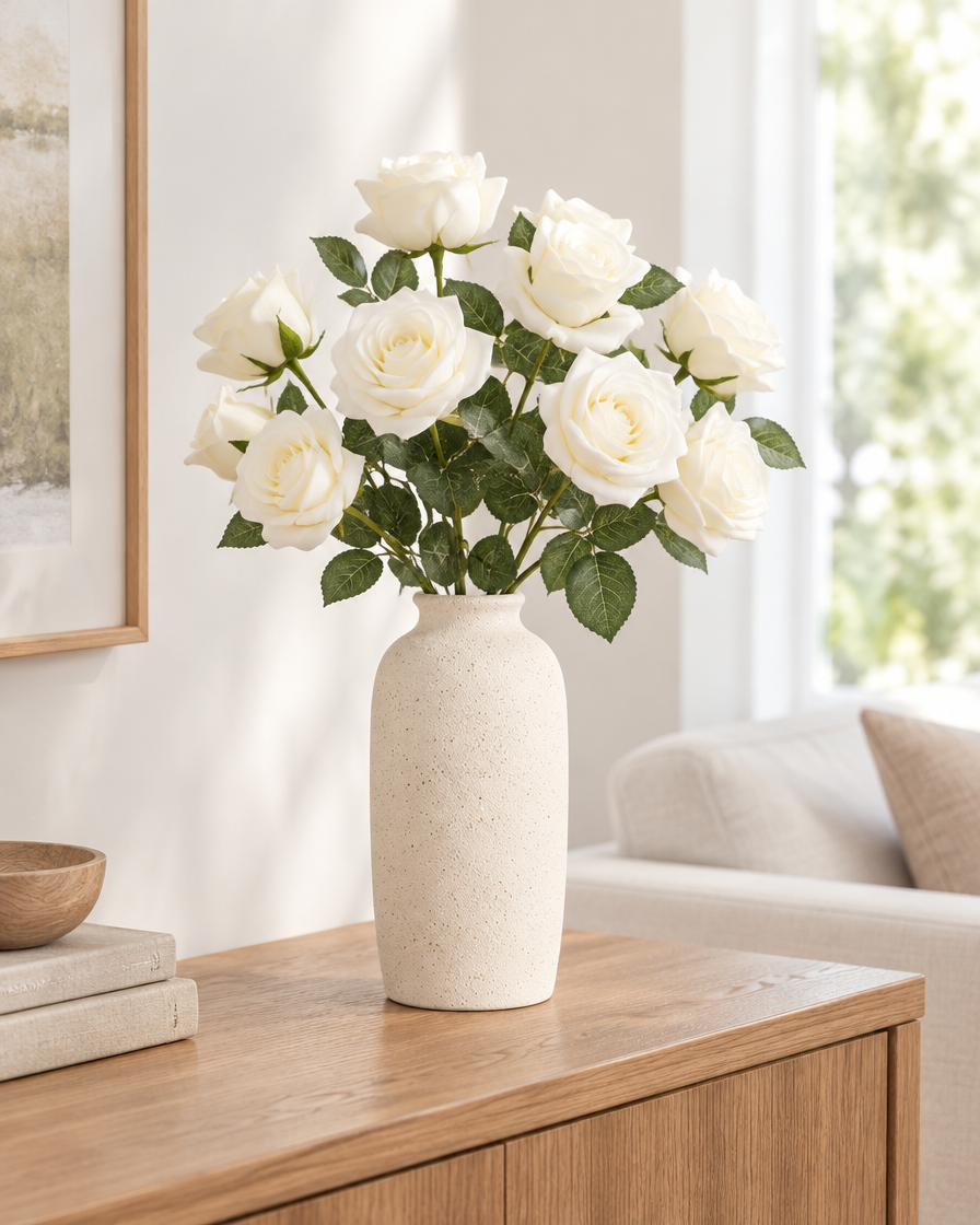 Ivory Artificial Rose Set styled in a ceramic vase on a console table (vase sold separately)