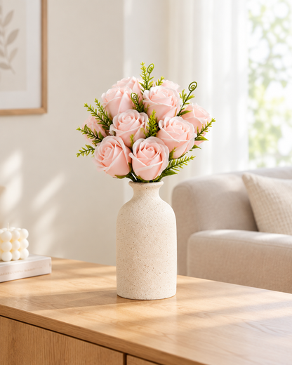 Pink Wrapped Artificial Rose Bouquet styled in a ceramic vase on a console table (vase sold separately)