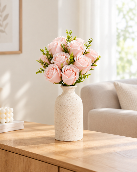 Pink Wrapped Artificial Rose Bouquet styled in a ceramic vase on a console table (vase sold separately)