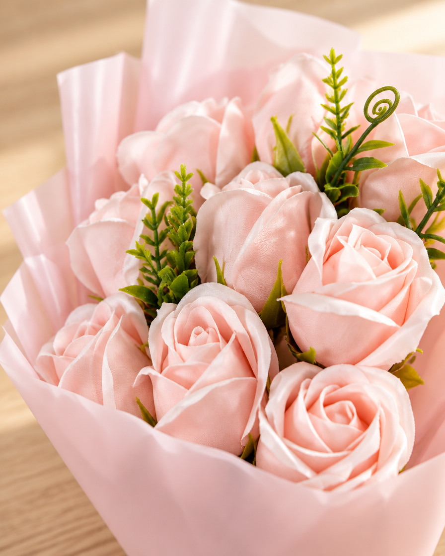 Close-up detail of the pink wrapped artificial rose bouquet on an oak table