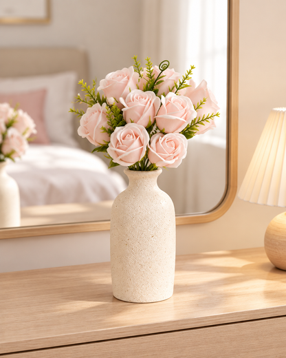 Pink Wrapped Artificial Rose Bouquet styled in a ceramic vase on a dresser (vase sold separately)