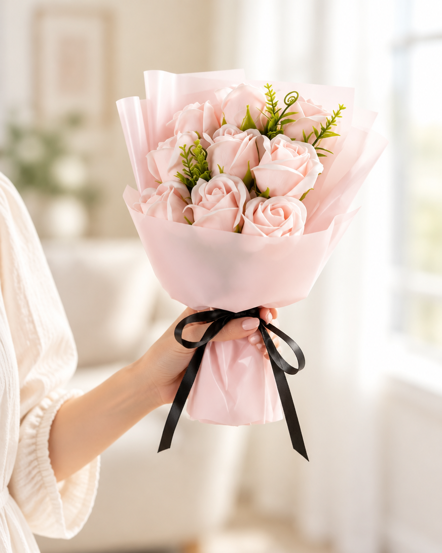 Pink Wrapped Artificial Rose Bouquet held in a hand