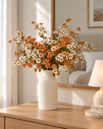 Orange & Cream Artificial Blossom Sprays styled in a ceramic vase on a dresser (vase sold separately)