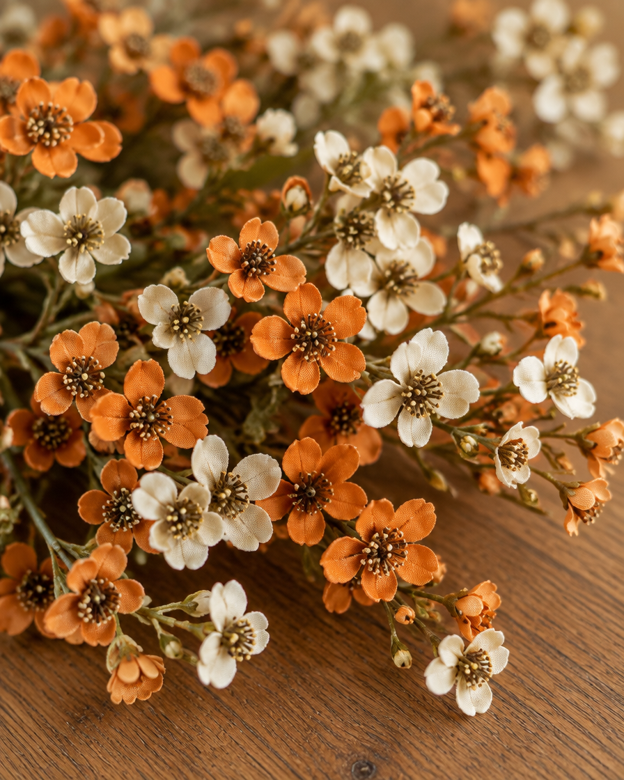 Close-up detail of the orange & cream artificial blossom sprays on an oak table