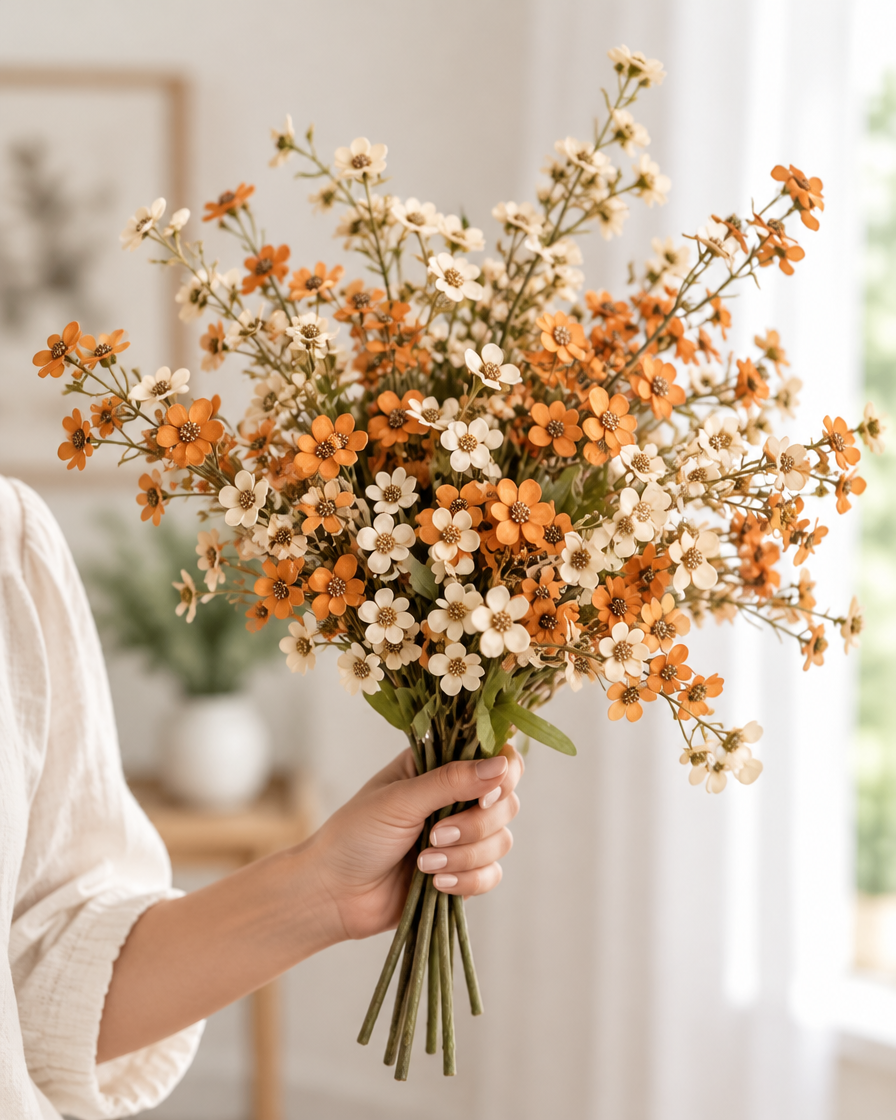 Orange & Cream Artificial Blossom Sprays held in a hand