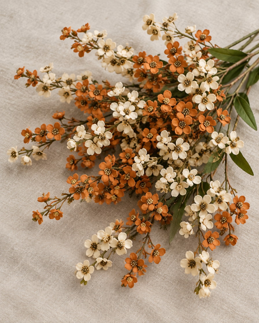 Orange & Cream Artificial Blossom Sprays, shown alone on a linen background