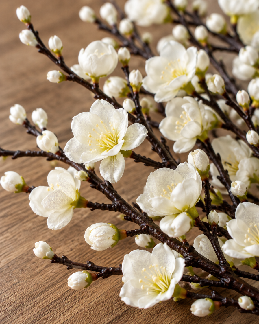 Close-up detail of the white artificial plum blossom branches on an oak table