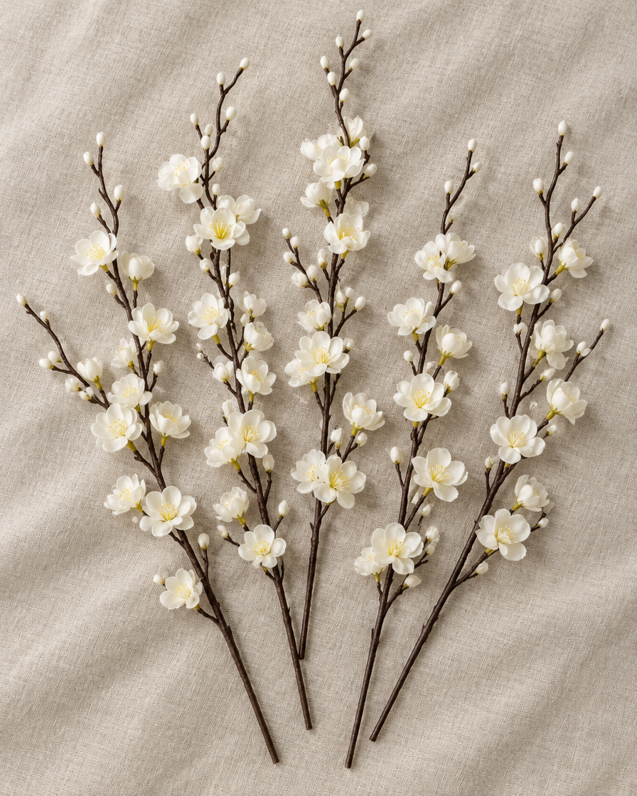 White Artificial Plum Blossom Branches, shown alone on a linen background