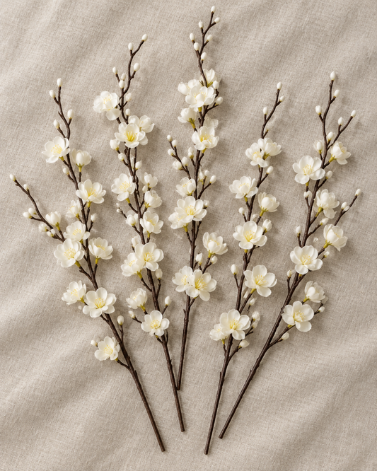 White Artificial Plum Blossom Branches, shown alone on a linen background