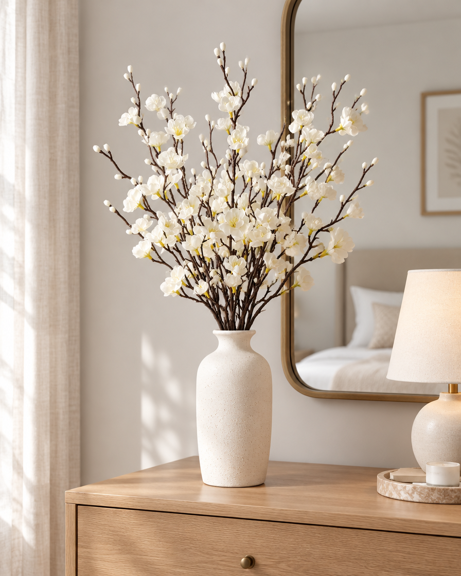 White Artificial Plum Blossom Branches styled in a ceramic vase on a dresser (vase sold separately)