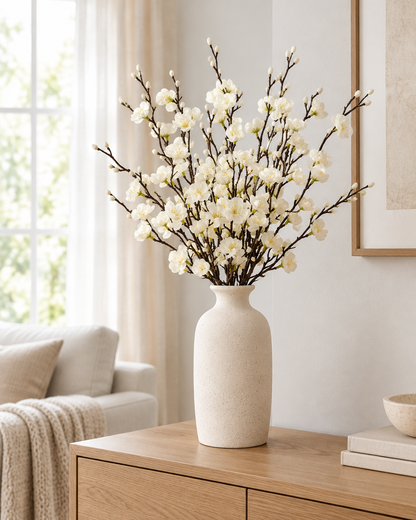 White Artificial Plum Blossom Branches styled in a ceramic vase on a console table (vase sold separately)
