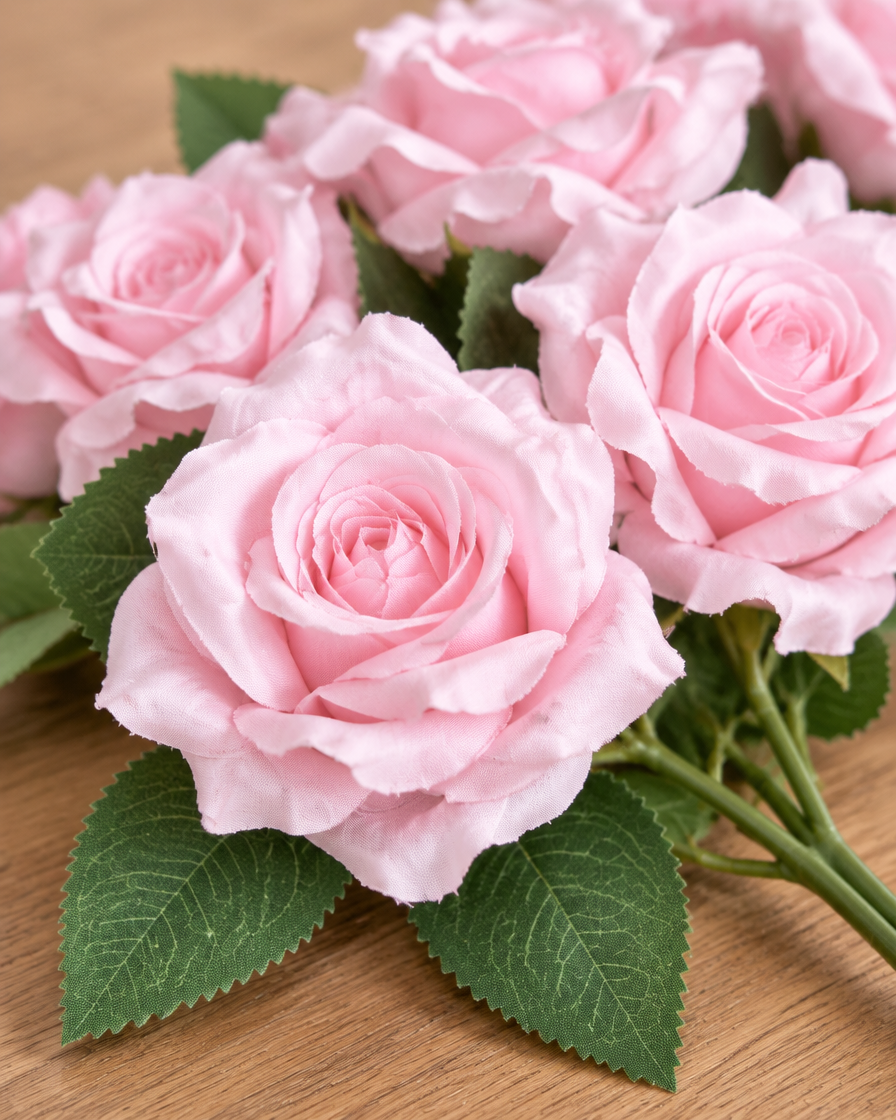 Close-up detail of the light pink artificial rose bouquet on an oak table