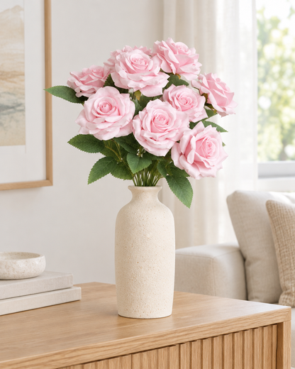 Light Pink Artificial Rose Bouquet styled in a ceramic vase on a console table (vase sold separately)