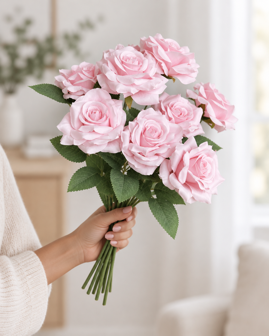 Light Pink Artificial Rose Bouquet held in a hand