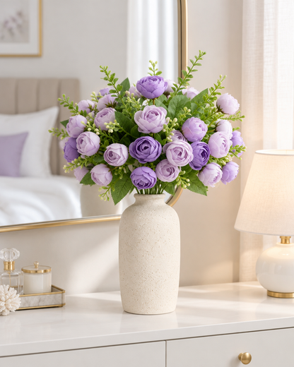 Purple Artificial Tea Rose Bud Bouquet styled in a ceramic vase on a dresser (vase sold separately)