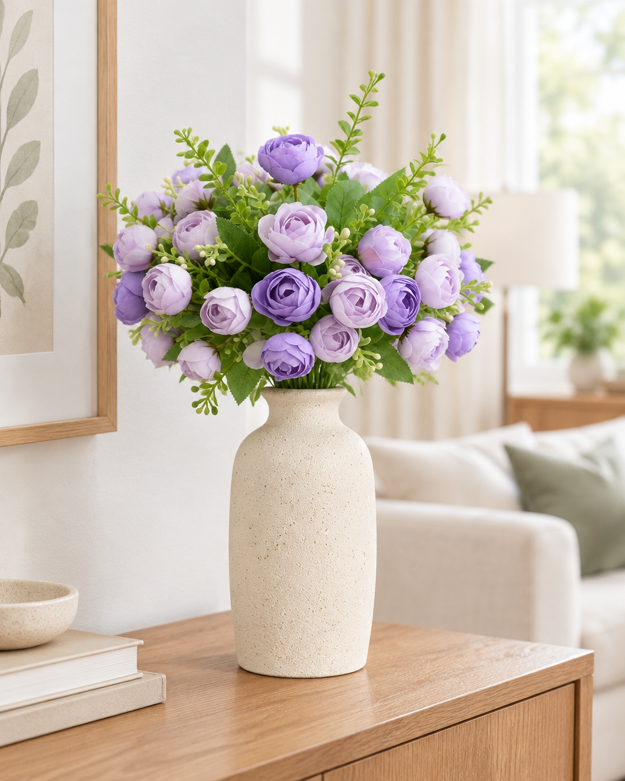 Purple Artificial Tea Rose Bud Bouquet styled in a ceramic vase on a console table (vase sold separately)