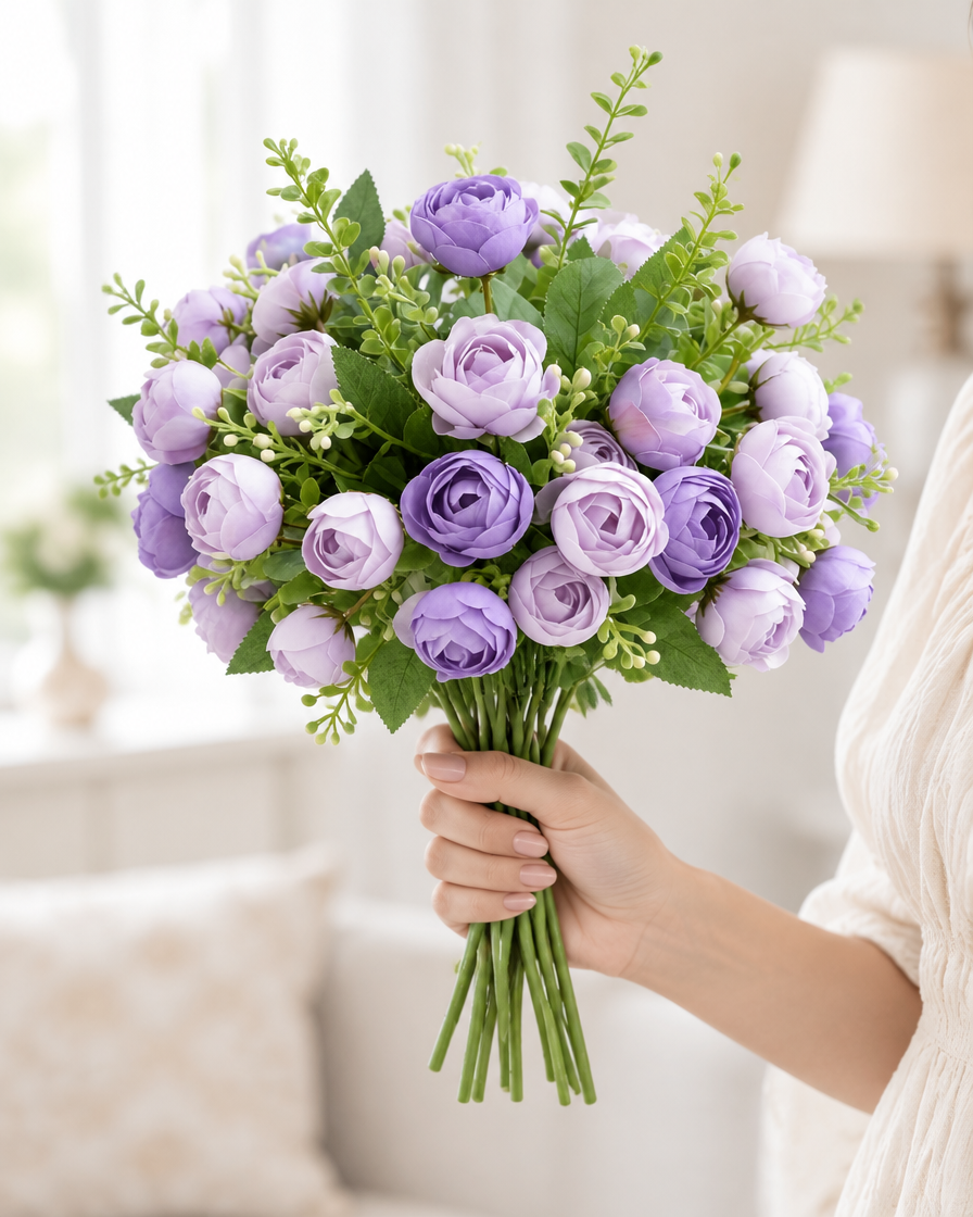 Purple Artificial Tea Rose Bud Bouquet held in a hand
