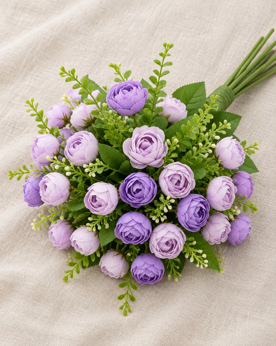 Purple Artificial Tea Rose Bud Bouquet, shown alone on a linen background