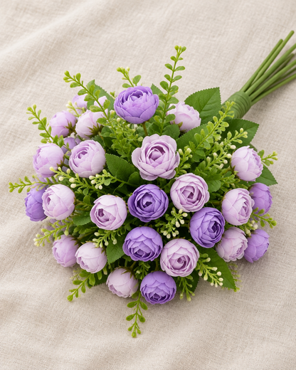 Purple Artificial Tea Rose Bud Bouquet, shown alone on a linen background