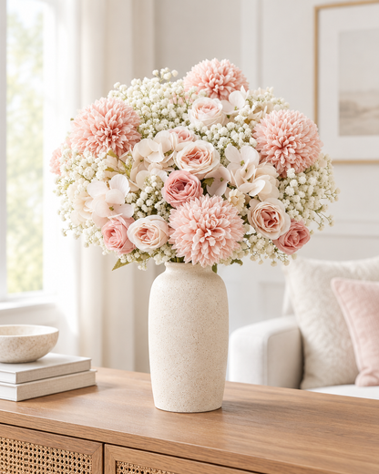 Blush Pink & White Artificial Bouquet with Baby's Breath styled in a ceramic vase on a console table (vase sold separately)