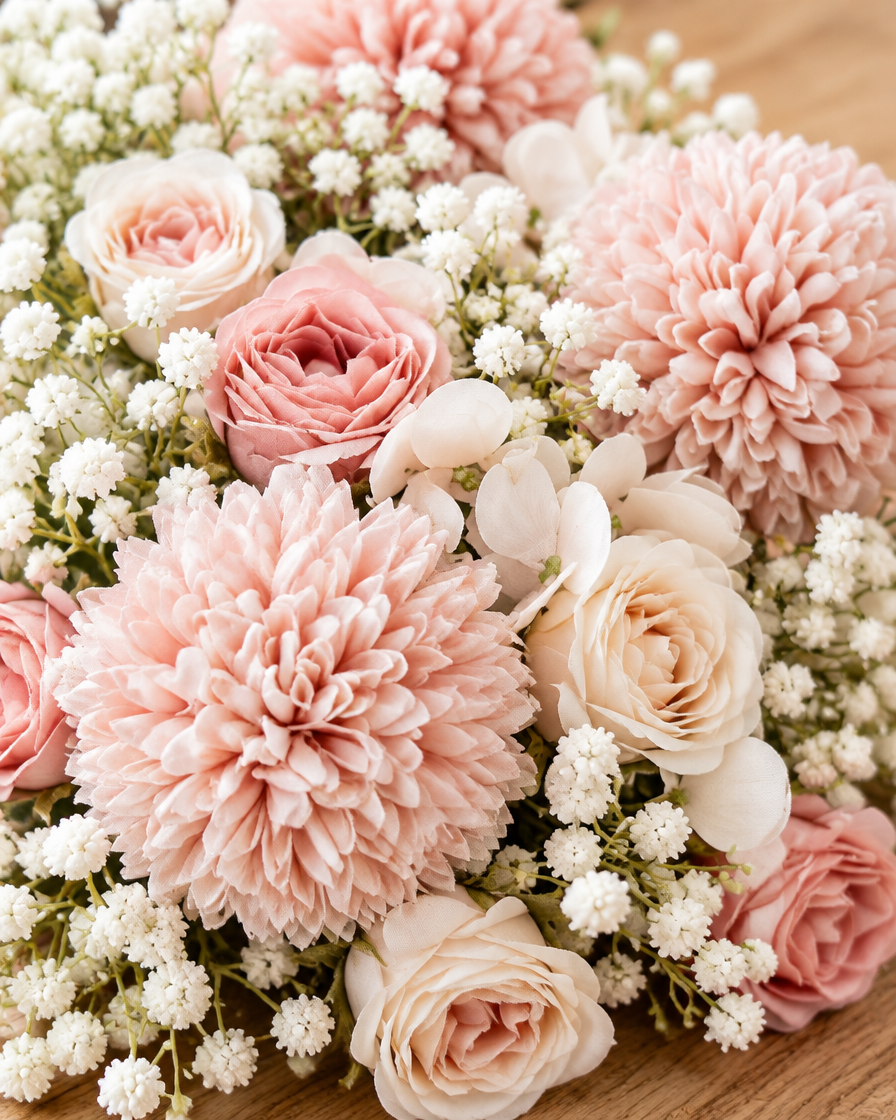 Close-up detail of the blush pink & white artificial bouquet with baby's breath on an oak table