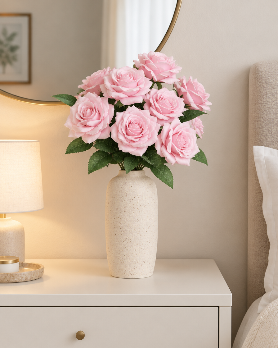 Light Pink Artificial Rose Bouquet styled in a ceramic vase on a dresser (vase sold separately)