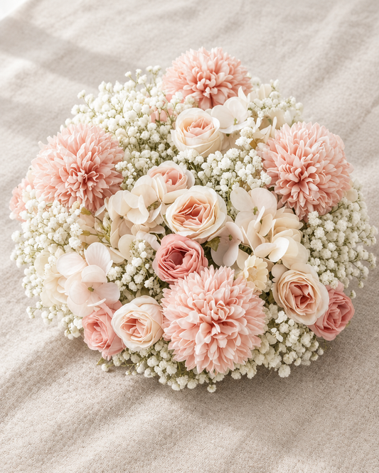 Blush Pink & White Artificial Bouquet with Baby's Breath, shown alone on a linen background