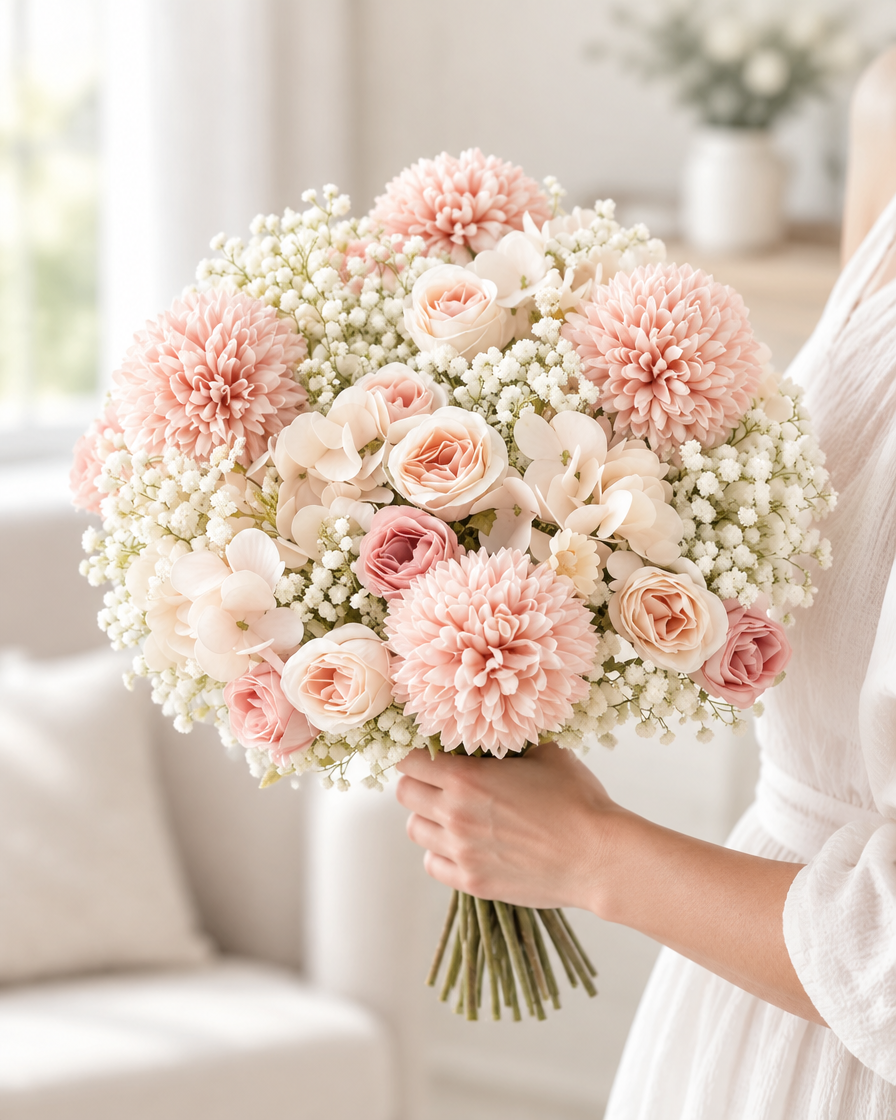 Blush Pink & White Artificial Bouquet with Baby's Breath held in a hand