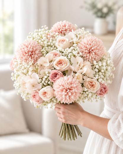 Blush Pink & White Artificial Bouquet with Baby's Breath held in a hand