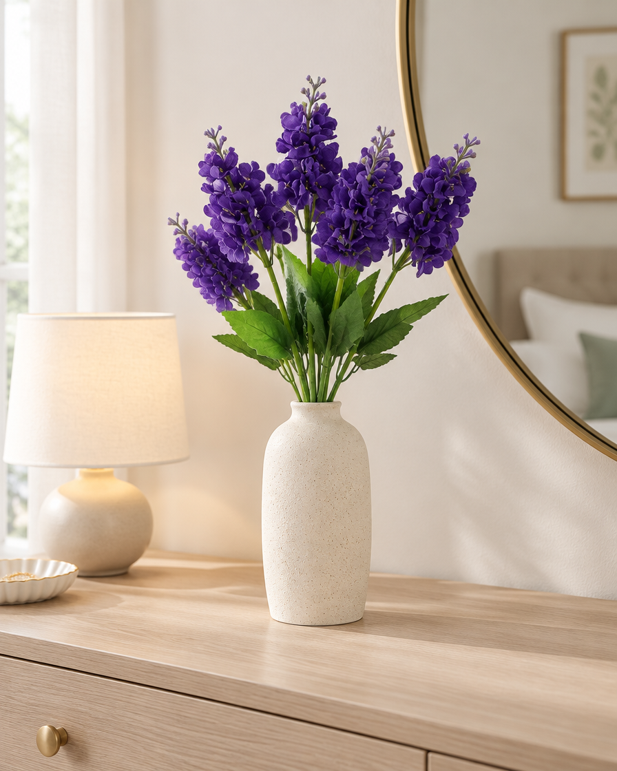 Purple Artificial Hyacinth Bunch styled in a ceramic vase on a dresser (vase sold separately)