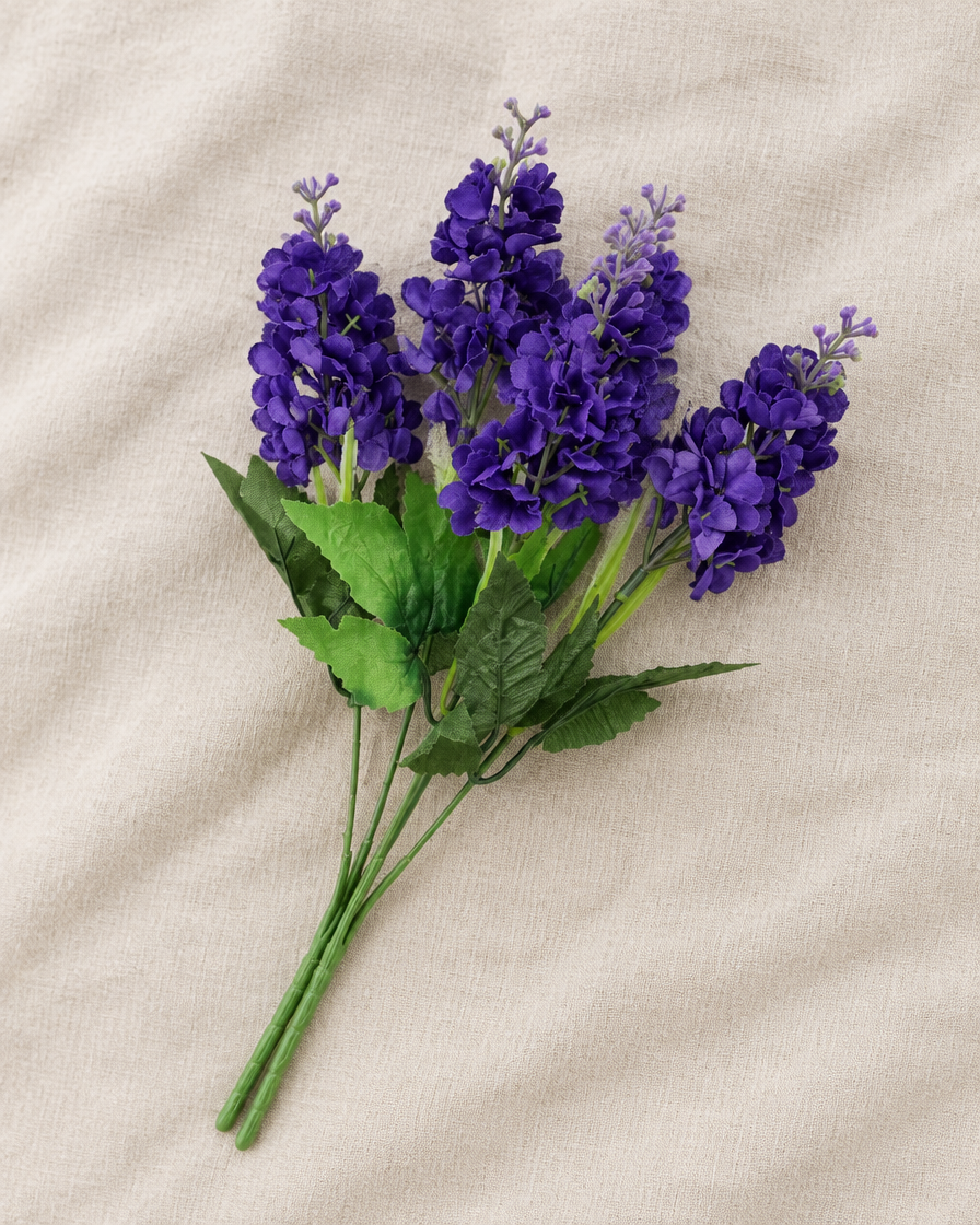 Purple Artificial Hyacinth Bunch, shown alone on a linen background