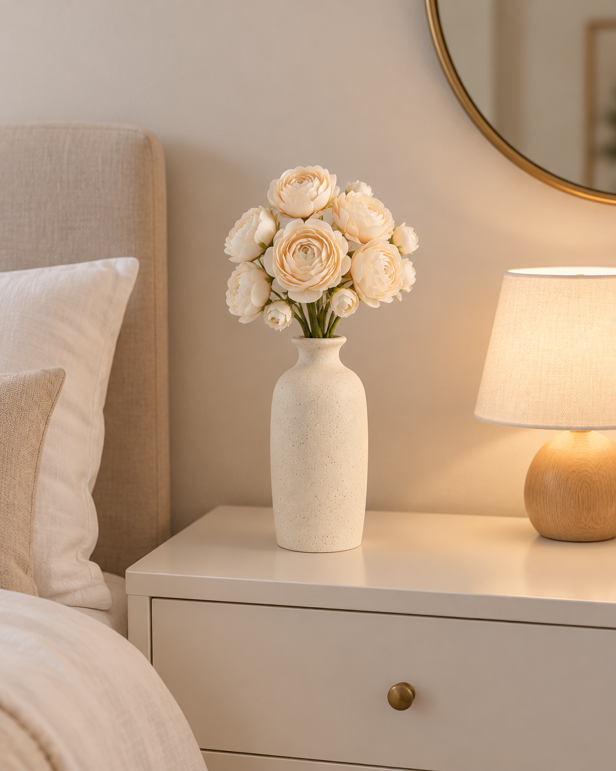 Champagne Artificial Camellia Bouquet styled in a ceramic vase on a dresser (vase sold separately)