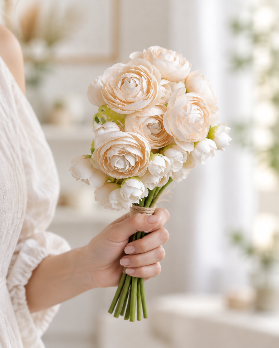 Champagne Artificial Camellia Bouquet held in a hand