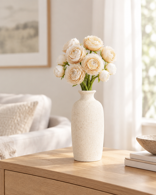 Champagne Artificial Camellia Bouquet styled in a ceramic vase on a console table (vase sold separately)