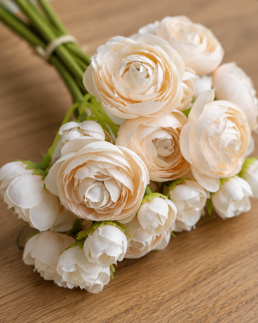 Close-up detail of the champagne artificial camellia bouquet on an oak table