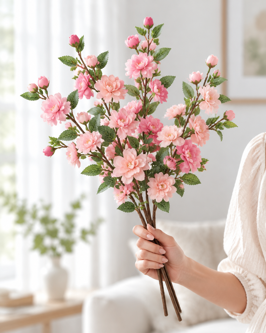 Pink Artificial Camellia Blossom Branches held in a hand